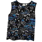 Chico's Abstract Print Tank Top Round Neck Pullover Sequin Black Blue 2 Large