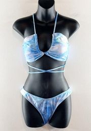 Boutique Tie Dye Two Piece Strappy Cheeky Bikini Swimsuit Blue White Medium