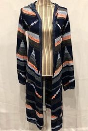 Elan hooded long open cardigan tribal Aztec print