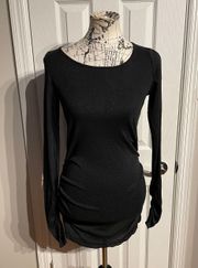 Maternity Vintage y2k Draped Knit Slip Scoop Neck Tunic Oversized Top Long Sleeve Ruched Stretchy Business Casual Women's Black Fresh fabric Versatile Mini Dress Shiny