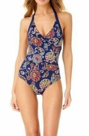 Liz Claiborne Blue Paisley One Piece Knit Swimsuit adjustable Tie VNeck NEW 6