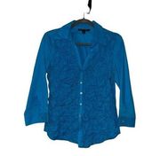 Lafayette 148 Blue 100% Cotton Popcorn Button Down Blouse Size 6