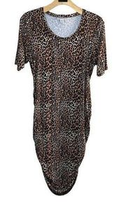 Motherhood Maternity Dress‎ 2X Brown Leopard Ruched Short Sleeve Knee Length