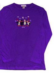 Cute Vintage Penguins & Snowflakes Embroidered Longsleeve T-shirt Large