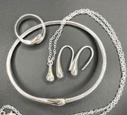 Bright Silver Set Including Tear Drop Earrings Bracelet Ring & Necklace 