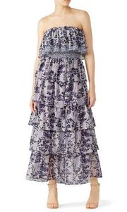 MISA Nadia Purple Blue Strapless Floral Print Tiered Maxi Dress Size M