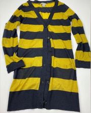 Vertigo Mustard Navy V-Neck Striped Open Front Cardigan L juniors NWOT