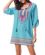 Urban Coco Blue & White Printed Boho V-Neck Half Sleeve Dress L