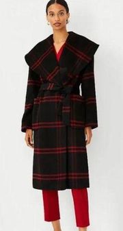 ANN TAYLOR Plaid Wool Blend Collar Wrap Coat Red Black NWOT Small