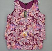 DG2 Diane Gilman Women's Tank Plus Size 1X Purple Stretch Preppy Paisley Ruffles