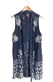 Johnny Was Dark Gray White Embroidered Linen Vest