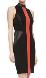 - Sheath Bodycon Midi Dress Leather Panel Red Stripe Mock Neck