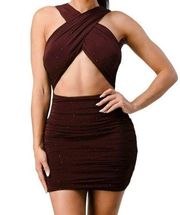 Privy Beaded Sparkle Crossover Bodycon Mini Dress Brown Size Small NWT