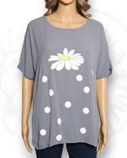 Misslook Short Sleeve Gray Daisy Print Linen Blend T-Shirt Size S