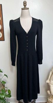 ST JOHN Vintage 1980s Santana Knit Long Sleeve Black Midi Dress 8 Medium