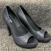 Vera Wang Gunmetal Glitter Peep Toe Pumps