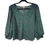 A New Day Black & Green Floral Filigree Puff Sleeve Blouse