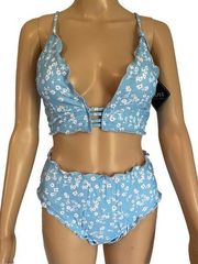 NWT ZAFUL Women’s Size S(4) Blue Ditsy Floral Lettuce Trim Bikini Lace-Up Back