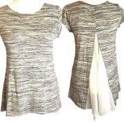 KIM & CAMI Top Tunic Blouse Sz S Soft Sheer Back Inset Gray Cream Short Sleeve