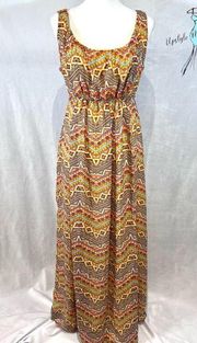 Yellow orange and aqua geometric print empire waist maxi dress size 14