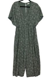 World Market Wide Leg Jumpsuit Deep V-Neck L/XL Short Sleeve Keyhole Neck Green