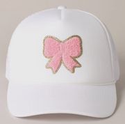 White Trucker Hat With Pink Bow Design 