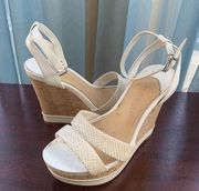 Gianni Bini Women's Pebbled Leather Cork Wedge Sandals In White Size 7.5
