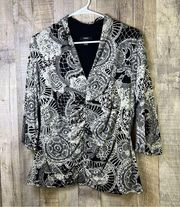 Alfani  Large Black & White Print Top V-Neck Ruched Front 3/4 Sleeves