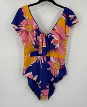 Trina Turk Breeze Ruffle One Piece Swimsuit Retro Floral Print V Neck NEW 12