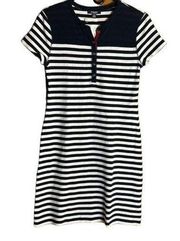 Chaps Nautical Navy Blue & White Striped Dress with Red @ Button Down.