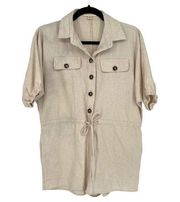 Honey Punch Linen Short Sleeve Shirt Romper Oatmeal Size XS