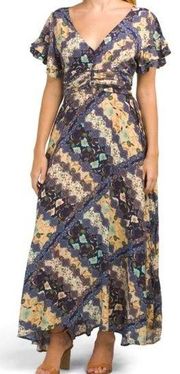 Abel The Label Australia Blue Boho Floral Patchwork Maxi Dress Flutter Sleeve