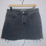 Denim Black Wash Button Fly High Rise Frayed Hem Mini Skirt