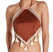 Ale by Alessandra Suede Boho Crop Bikini Top Size M New