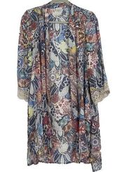 Spense Boho Kimono Floral Blue Colorful Lace Trim Long Line Festival Size M