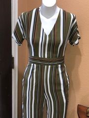 Tea & Cup striped olive green jumpsuit