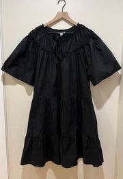 Black Poplin Puff Sleeve Peasant A-line Dress