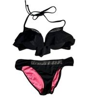 Victoria’s Secret PINK Black Push Up Ruffle Studded Rhinestone Cheeky Bikini