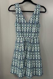 MAEVE Anthropologie Dress Blue White Geometric Print Cut Out Back Size 2