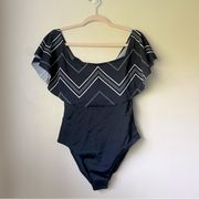 Beach Navy Blue White Chevron Off the Shoulder One Piece Bathing Suit 2 NWT