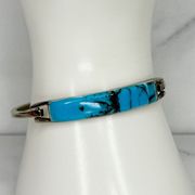 Vintage Alpaca Mexico Silver Tone Blue Faux Turquoise Hinge Bangle Bracelet