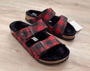 Birkenstock Arizona Shearling Slide Sandal Red and Black size 38