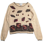 Vtg 1990s Dressbarn Beige Autumn Leaf Embroidered Knit Crew Neck Sweater S