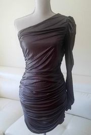 Metallic Silver One Shoulder Ruched Dress