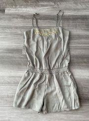 LC Lauren Conrad Sage Gray Romper XS Satin Gold Rivets Bohemian M10