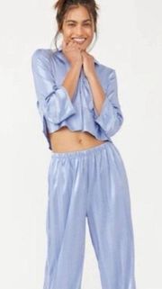 Free People Pajamas Party Sleep Hazy Blue Stripe Satin Pajamas TOP ONLY