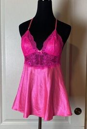 HOT PINK SATIN & LACE LINGERIE HALTER TOP