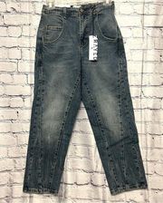 Frayed Denim Jeans Super High Cropped Barrel Style Size 24 Brand New