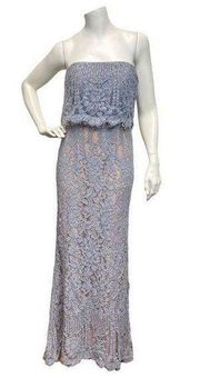 JARLO Adeline Allover lace bandeau Strapless Full Length Maxi Evening Gray Dress