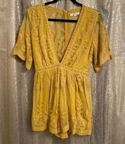 Honey Punch Mustard Yellow Boho Embroidered Crochet Lace Romper, Small